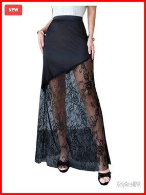Satin Lace Maxi Skirt Sheer Silk High Waist Y2K Party Long Skirt